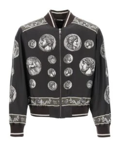 Dolce & Gabbana Silk Bomber Jacket With Monete Pattern