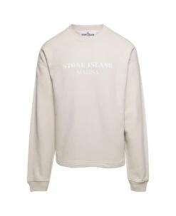 Stone Island Off-white Crewneck Sweatshirt With Contrasting Logo Print In Cotton Man