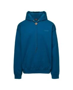 Versace Blue Hoodie With Medusa Drawstring In Cotton Man