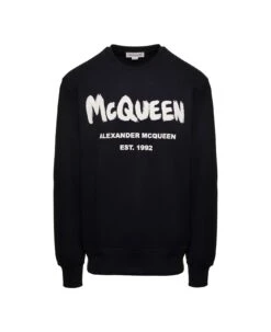 Alexander McQueen Black Sweatshirt With Contrasting Graffiti Logo Print In Cotton Man
